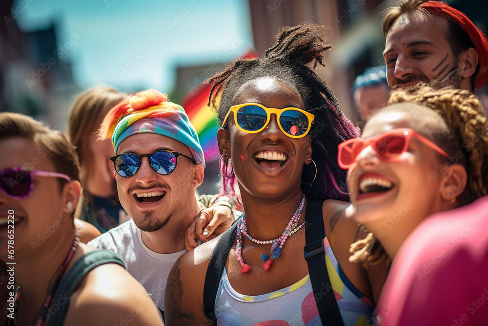 Joyful celebration of diversity at a pride event: Diverse group of people from various cultural backgrounds celebrating together in a vibrant, inclusive atmosphere Joyful celebration of diversity at a pride event: Diverse group of people from various cultural backgrounds celebrating together in a vibrant, inclusive atmosphere