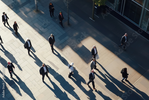 High angle shot of business people commuting to work in the morning or from the office in the evening on foot. Pedestrians dressed in businesswear with long shadows. photo