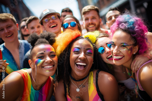 Joyful celebration of diversity at a pride event  Diverse group of people from various cultural backgrounds celebrating together in a vibrant  inclusive atmosphere