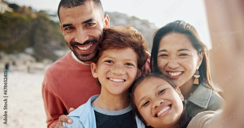 Beach, selfie and face of parents with kids at sunset on vacation, holiday or weekend trip. Happy, love and portrait of young mother and father taking picture with children by ocean or sea on island. Beach, selfie and face of parents with kids at sunset on vacation, holiday or weekend trip. Happy, love and portrait of young mother and father taking picture with children by ocean or sea on island.