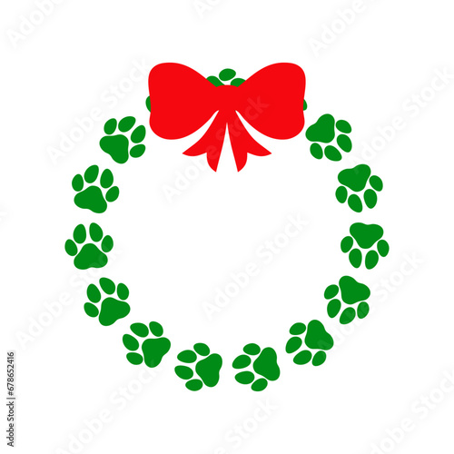 Tiempo de Navidad. Logo pet friendly. Silueta de corona navideña con zarpa de perro o gato con cinta y lazo de regalo para su uso en tarjetas y felicitaciones