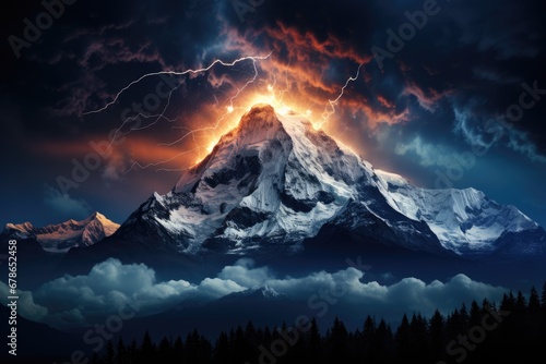 An awe-inspiring image of a mountain hit by lightning against the backdrop of the Milky Way galaxy by Generative AI