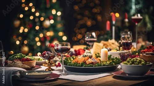 Festive Christmas dinner table with delicious food and snacks, new year’s decoration and tree in the background