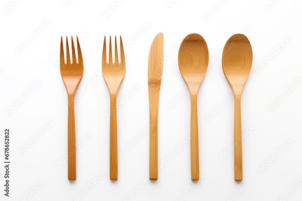 Top View Of Bamboo Cutlery On White Background. Сoncept Macro Photography, Food Styling, Sustainable Living, Eco-Friendly Products, Minimalist Aesthetics Top View Of Bamboo Cutlery On White Background. Сoncept Macro Photography, Food Styling, Sustainable Living, Eco-Friendly Products, Minimalist Aesthetics