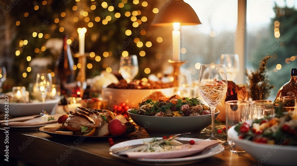 Festive Christmas dinner table with delicious food and snacks, new year’s decorations and Christmas tree in the background