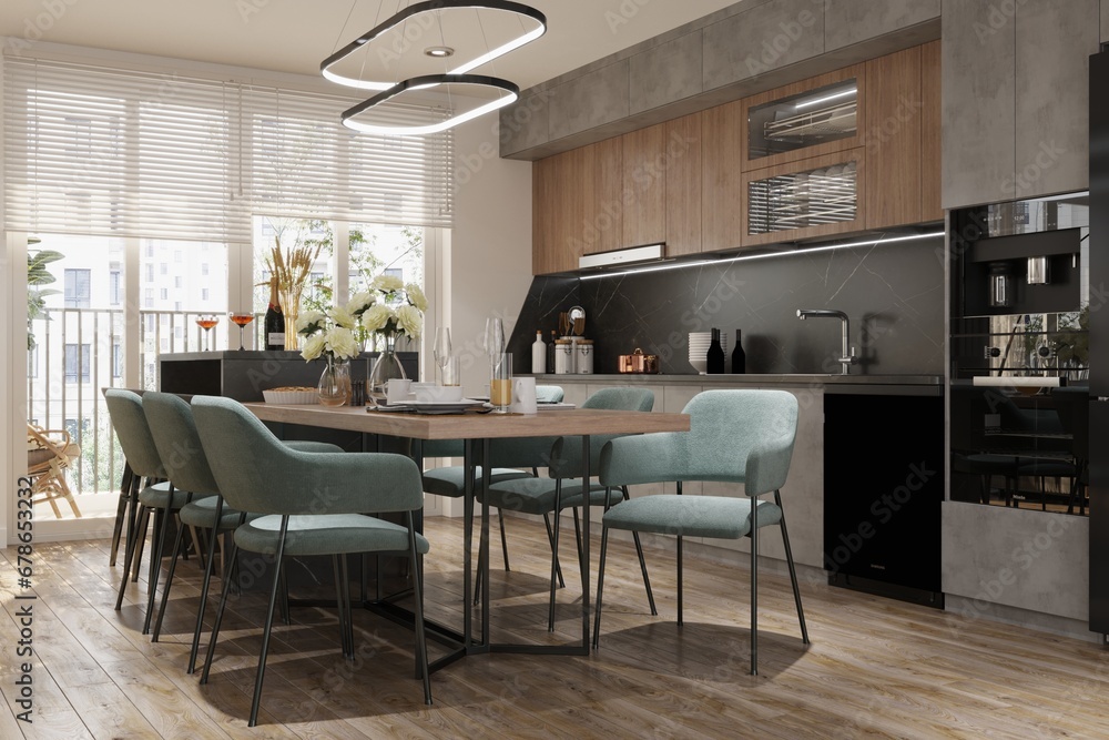 Green chairs with wooden table open dining and simple kitchen in one area. 3D rendering