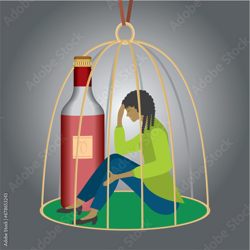 Woman, girl trapped in gold cage with wine bottle. Square composition. Vector illustration.