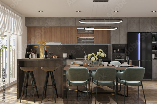 Interior design in a modern minimalist dining space near the balcony door and simple kitchen in one space.3D render