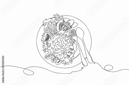 A continuous one line of dishware, Spoon, dish, fork and vegetable salad, Cartoon doodle hand drawing isolated on white background, Vector Illustration design