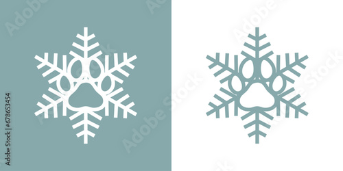 Tiempo de Navidad. Logo pet friendly. Silueta lineal de copo de nieve con zarpa de perro o gato para su uso en invitaciones y tarjetas photo