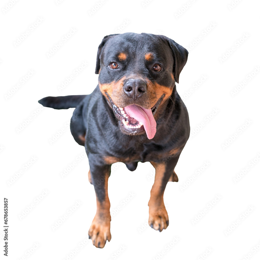 Dog rottweiler sitting and looking up with tongue wagging. Friendly pet dog. Isolated, transparent background.