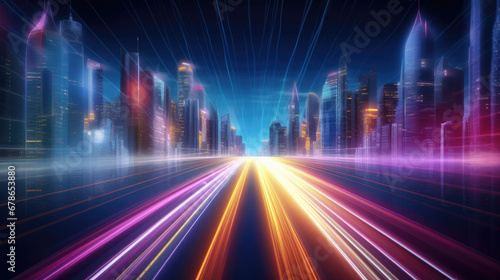 abstract background with lights Speed light trails path through smart modern mega city and skyscrapers town with neon futuristic technology background  future virtual reality motion effect  high speed