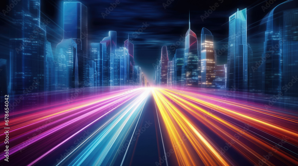 abstract background with lights,Speed light trails path through smart modern mega city and skyscrapers town with neon futuristic technology background, future virtual reality,motion effect, high speed