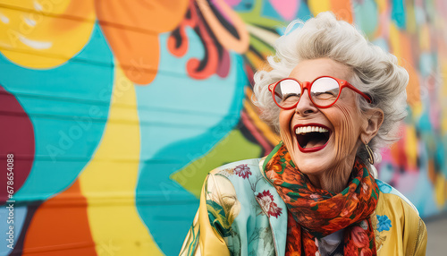 Very bright and happy old woman laughing in stylish glasses on a multi-colored background photo