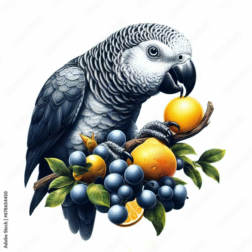 Obraz premium A parrot is eating fruit on a branch. white background image