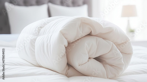 White folded duvet lying on white bed background. Preparing for winter season, household, domestic activities, hotel or home textile, bed with pillows,A folded rolls duvet is lying on the dresser  photo