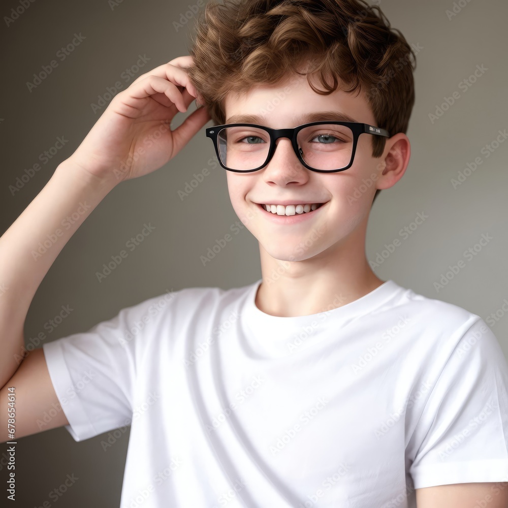 Portrait of a boy with a great smile wearing a T-shirt. Generative AI. Portrait of a boy with a great smile wearing a T-shirt. Generative AI.