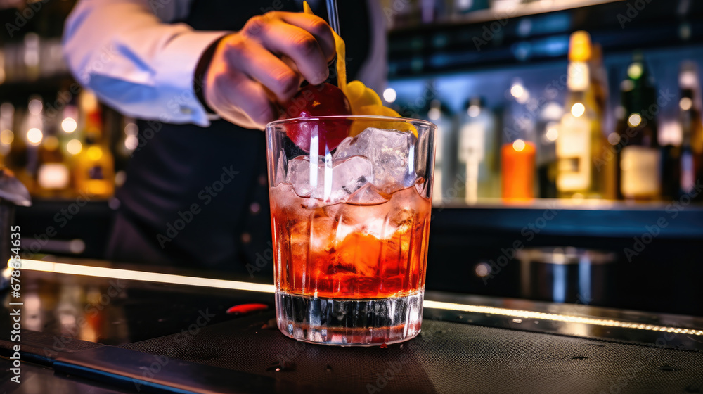 glass of whiskey on bar counter, Man bartender hand making negroni cocktail. Negroni classic cocktail and gin short drink with sweet vermouth, red bitter liqueur glass of whiskey on bar counter, Man bartender hand making negroni cocktail. Negroni classic cocktail and gin short drink with sweet vermouth, red bitter liqueur