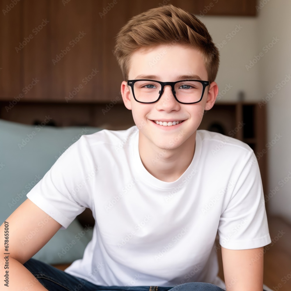 Portrait of a boy with a great smile wearing a T-shirt. Generative AI. Portrait of a boy with a great smile wearing a T-shirt. Generative AI.