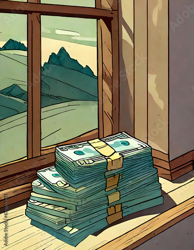 Ilustración estilo tebeo de una torre de billetes junto a una ventana  photo