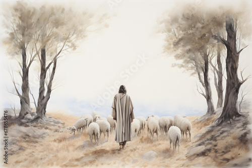 Jesus Christ, the good shepherd and sheep at the grove. AI generative photo
