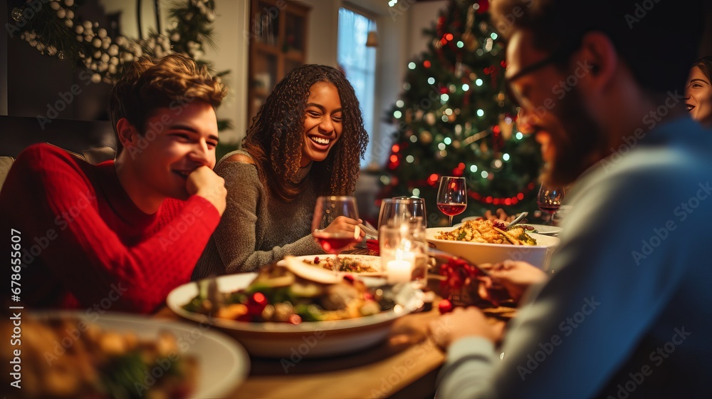 Happy and diverse group of friends celebrating the holidays at dinner. Happy and diverse group of friends celebrating the holidays at dinner.