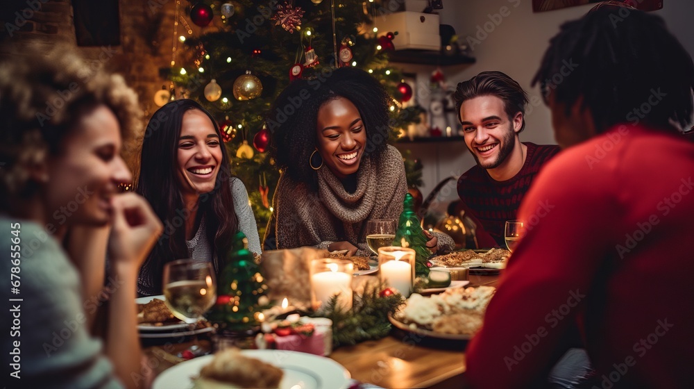 Happy and diverse group of friends celebrating the holidays at dinner.