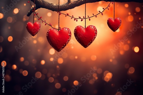 red heart hanging on tree with beautiful lights and blur celebrating background   made with AI 
