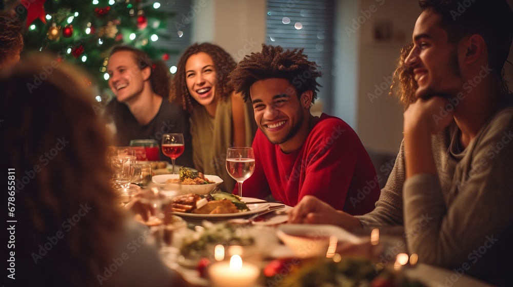 Happy and diverse group of friends celebrating the holidays at dinner.