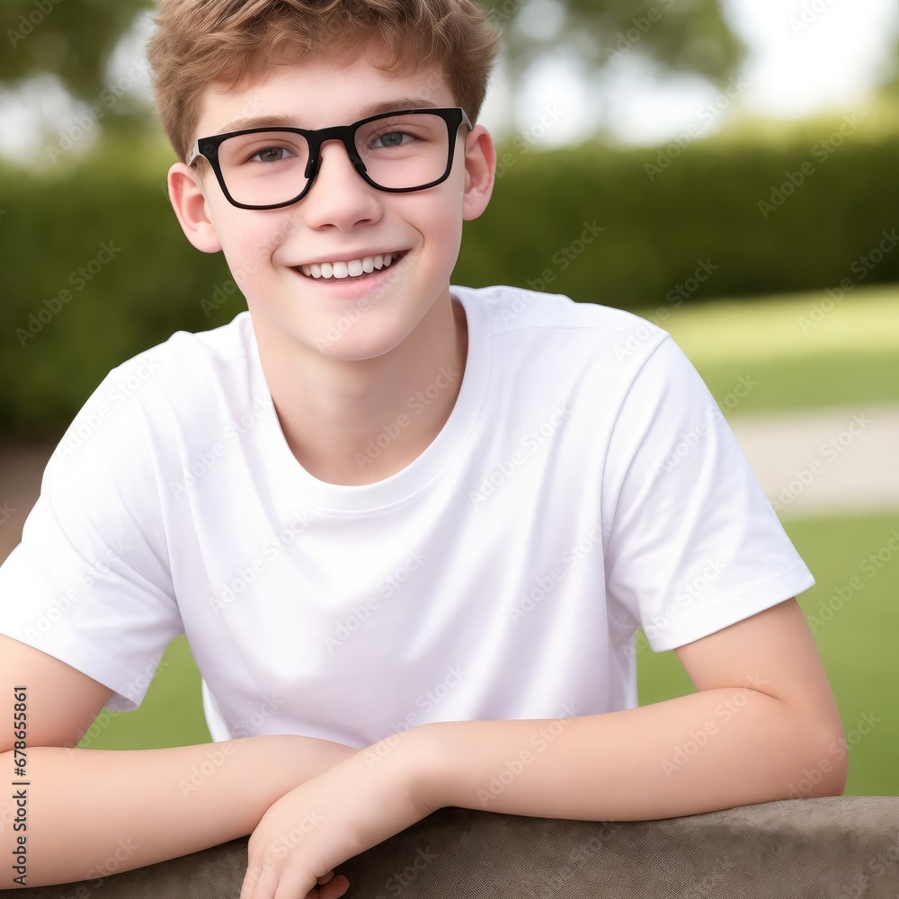 Portrait of a boy with a great smile wearing a T-shirt. Generative AI. Portrait of a boy with a great smile wearing a T-shirt. Generative AI.