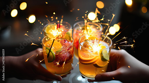 two glasses of champagne, Close-up of friends hands holding three bright delicious cocktails with sparklers. Fruit alcoholic or non-alcoholic beverages. New year party and holiday concept photo
