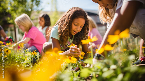 Diverse Community Engaged in Volunteering at a Vibrant Urban Garden. Group of People of Different Races and Ages Working Together in Community Service