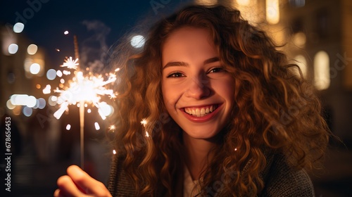 Joyful new year celebration: beautiful woman delighting in sparklers at a festive party