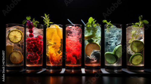 set of Alcoholic cocktails, Variety of alcoholic drinks and multi colored cocktails on the reflective surface of bar counter, Mixologist's creativity in cocktail