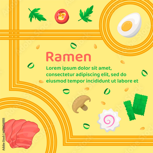 Ramen soup with meat, egg, mushrooms, kamaboko, pepper, nori and geometric wavy lines of noodles. Instant noodle, pasta and spaghetti. Japanese, Chinese wavy background. Template for menu, card, ad