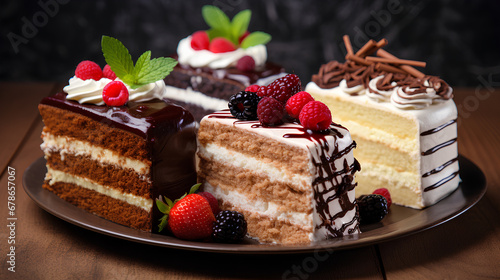 Assortment of pieces of cake with berries.