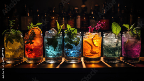 set of Alcoholic cocktails, Variety of alcoholic drinks and multi colored cocktails on the reflective surface of bar counter, Mixologist's creativity in cocktail