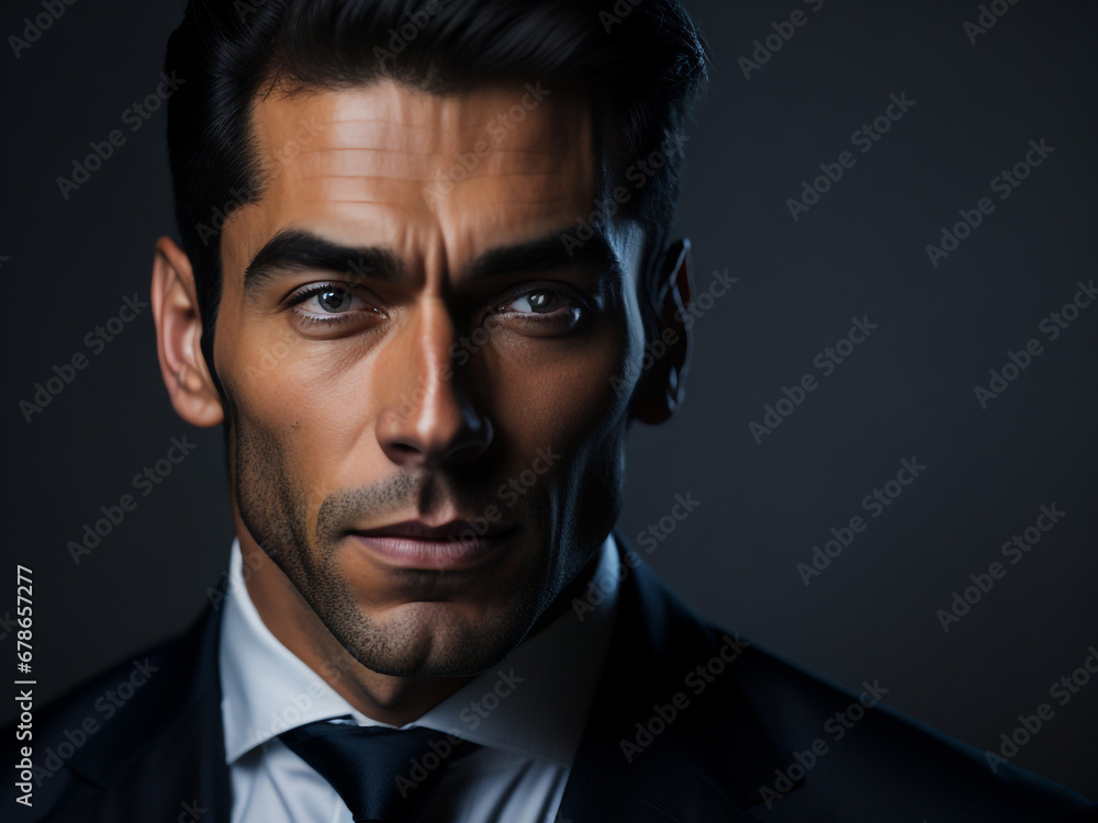 happy handsome fashion businessman smiling and wearing black suit, Bright solid light background , generative AI