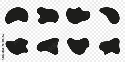 Organic Blob, Irregular Shape On Transparent Background. Random Blotch Set. Fluid Amorphous Blobs. Black Asymmetric Bubbles Collection. Liquid Round Silhouette Form. Isolated Vector Illustration