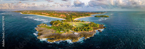 Aerial view of Nusa Dua Beach in Bali Indonesia with peninsula island