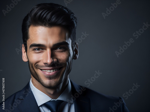 happy handsome fashion businessman smiling and wearing black suit, generative ai © pop
