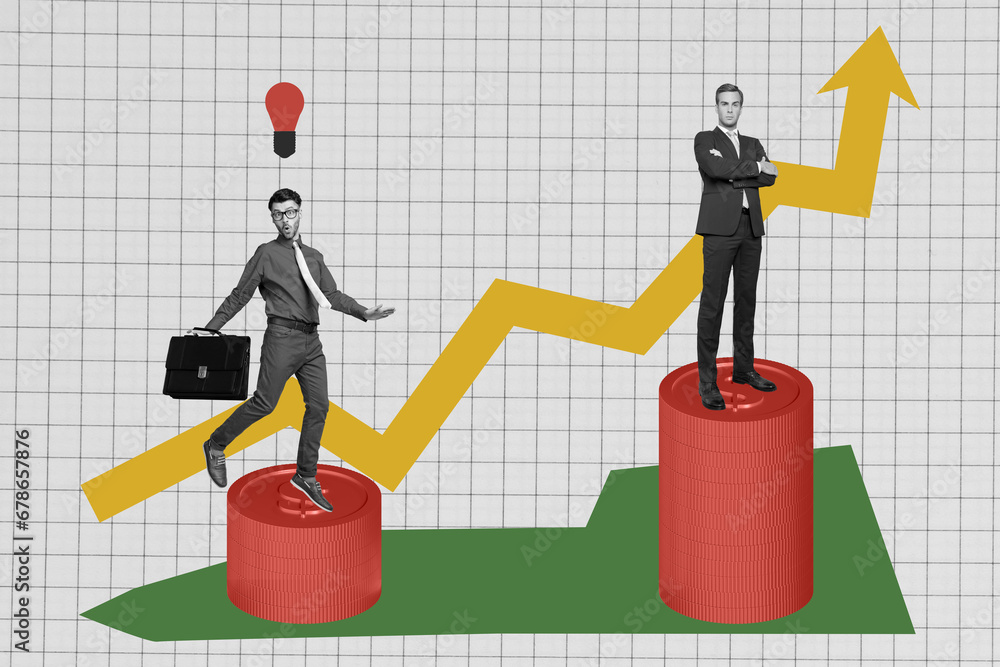 Φωτογραφία Retro surreal picture collage of two businessman workers achieve earnings have i