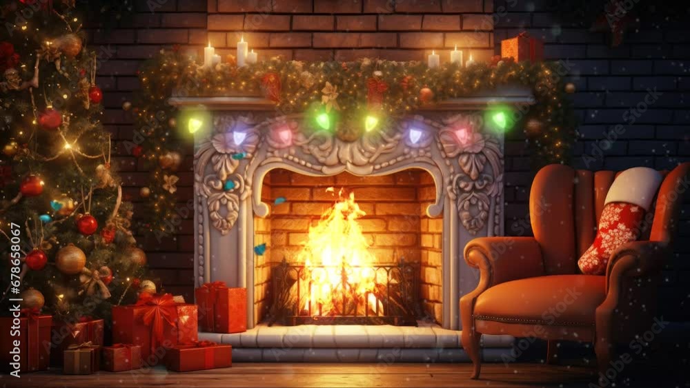 fireplace with christmas decorations. seamless looping time-lapse virtual video animation background. fireplace with christmas decorations. seamless looping time-lapse virtual video animation background.
