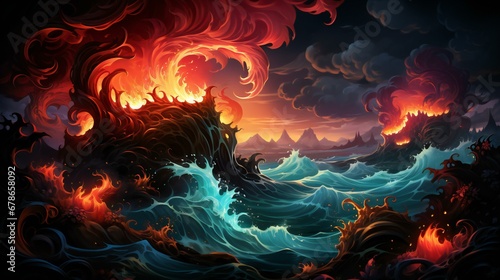 Fiery Waves Clash Against Twilight Seas Under an Enchanted Sky
