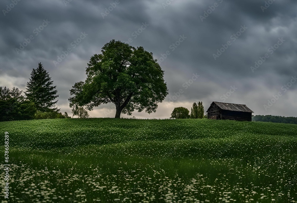 Obraz premium a field with grass, tree, and houses in the distance