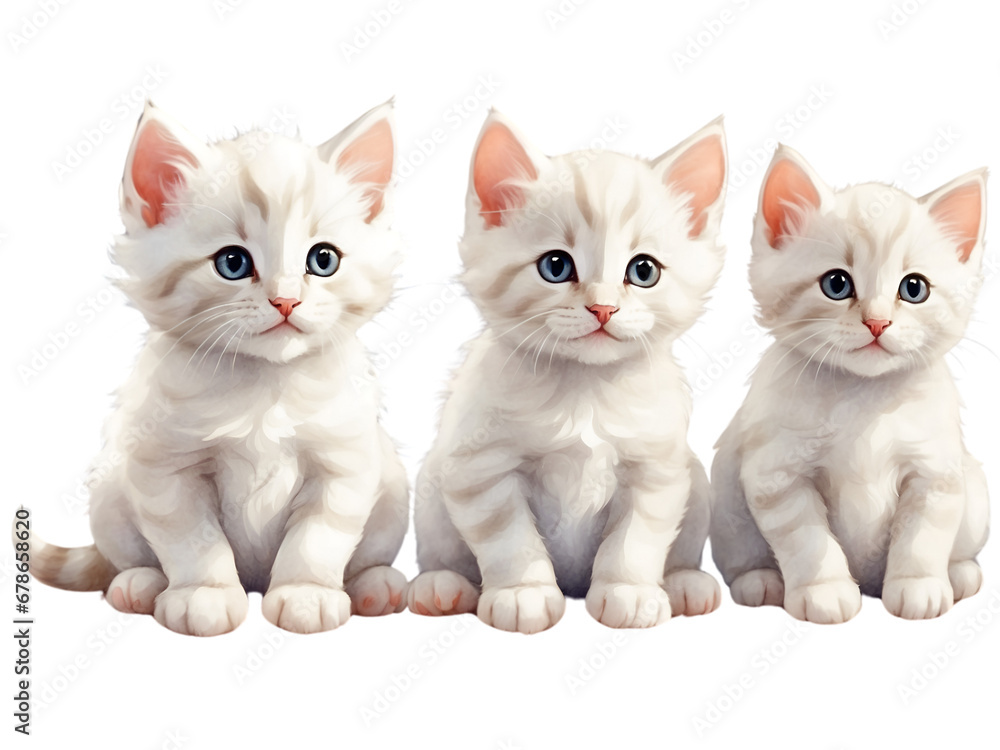 Watercolor illustration of three white kitten sitting together. Adorable cats creative graphics design. 