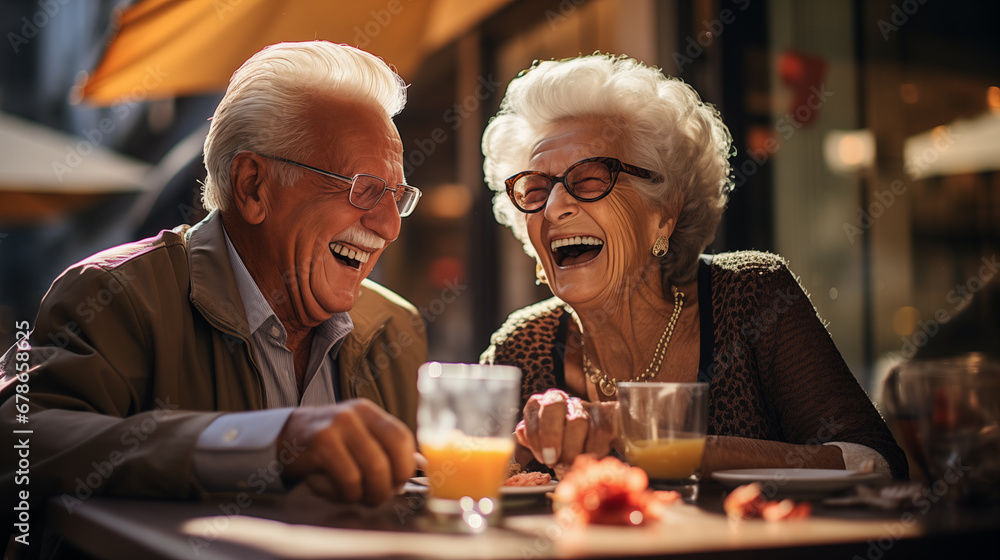 Cheerful senior couple having fun in the cafe. They are laughing and smiling.