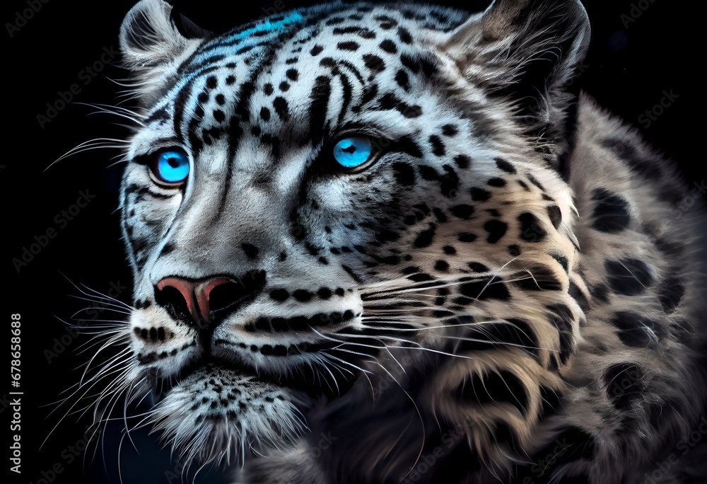 Drawing Snow leopard portrait on a black background. Snow leopard in creative art style, neon style, leopard on a black background, colorful illustration