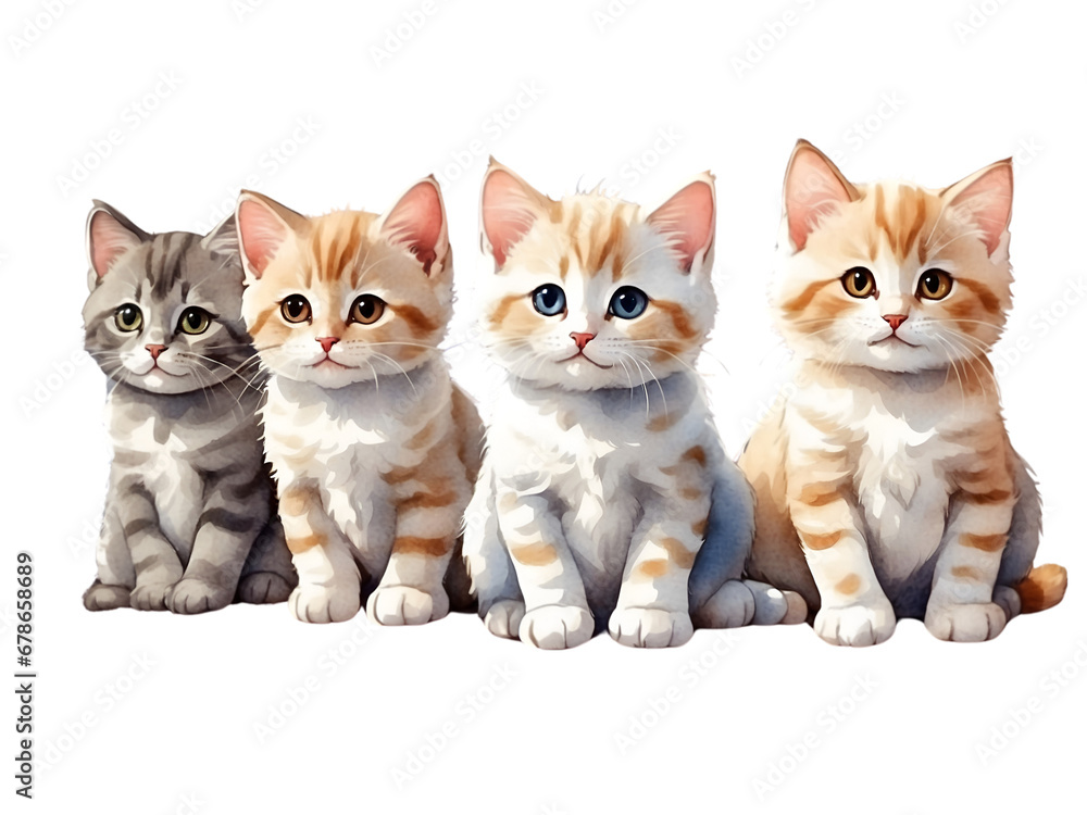 Watercolor illustration of four kitten sitting together. Adorable cats creative graphics design. 