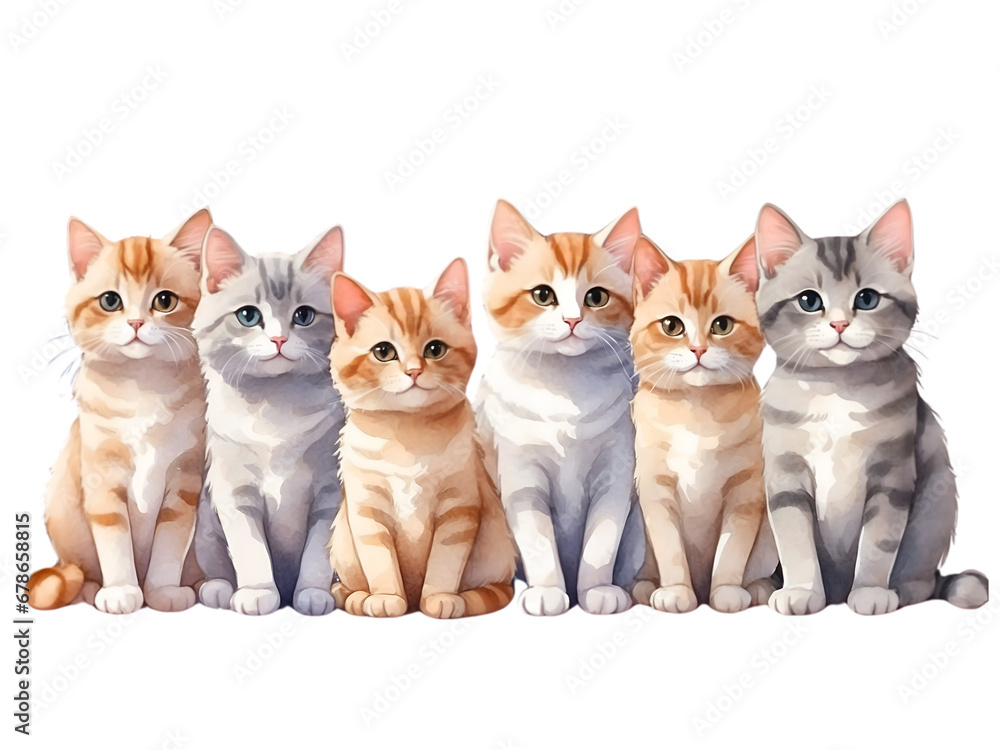 Watercolor illustration of six kitten sitting together. Adorable cats creative graphics design. 